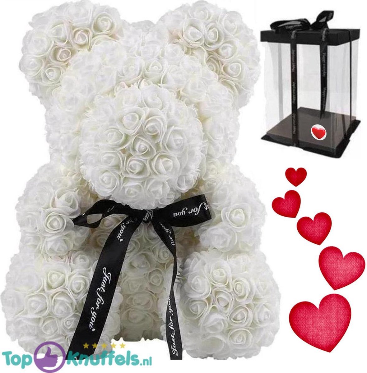 Rozen beer Wit XL met Strik 40cm in Luxe Geschenkdoos + Liefdes Sticker | Cadeau|Knuffel met jou geliefde tijdens Valentijn! | Love Teddybeer | I Love you Knuffelbeer gift box | Roos Beertje met liefde |Roses Bear Valentine Day giftbox |
