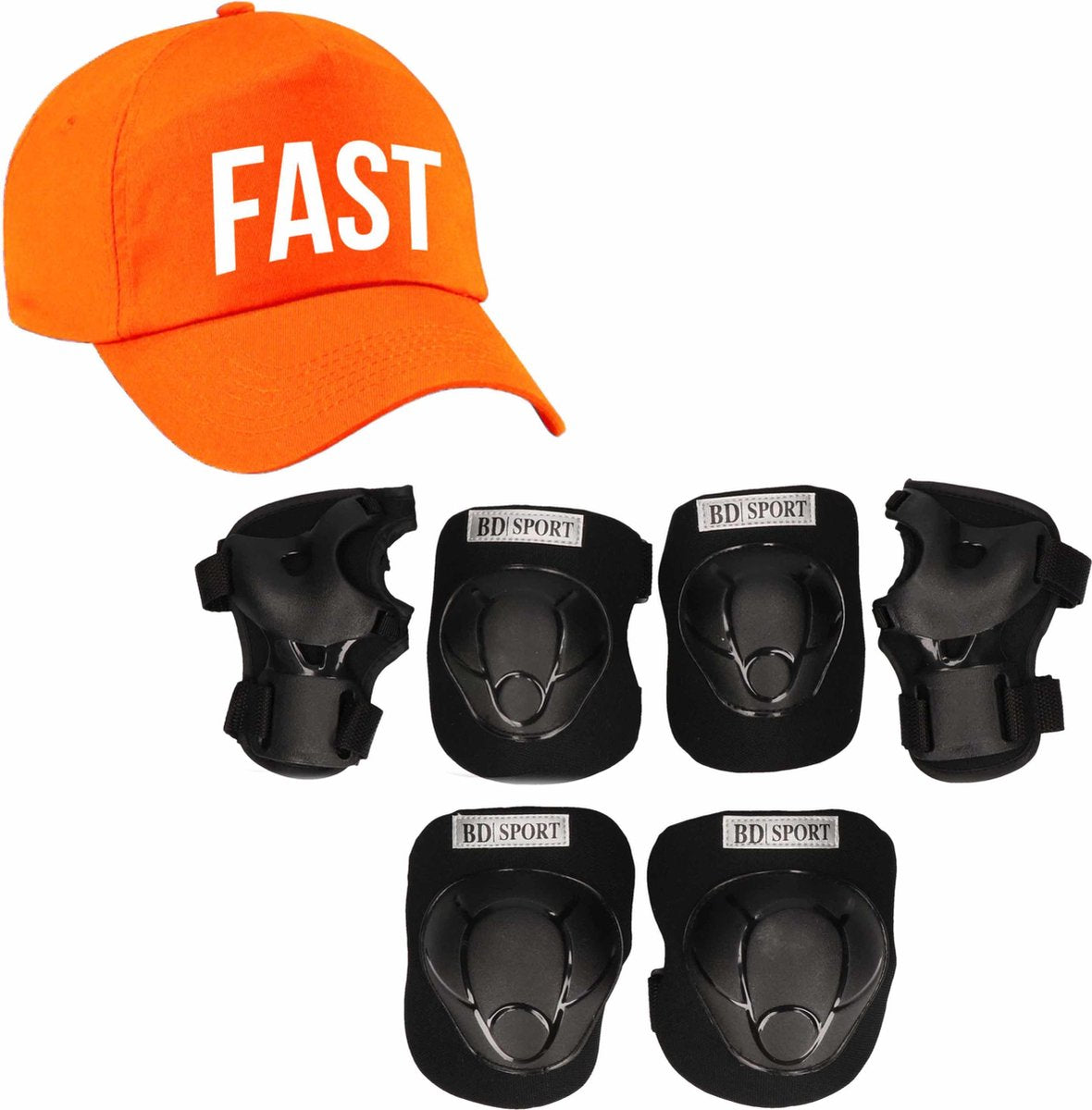 Set van valbescherming voor kinderen maat L / 9 tot 10 jaar met een stoere FAST pet oranje