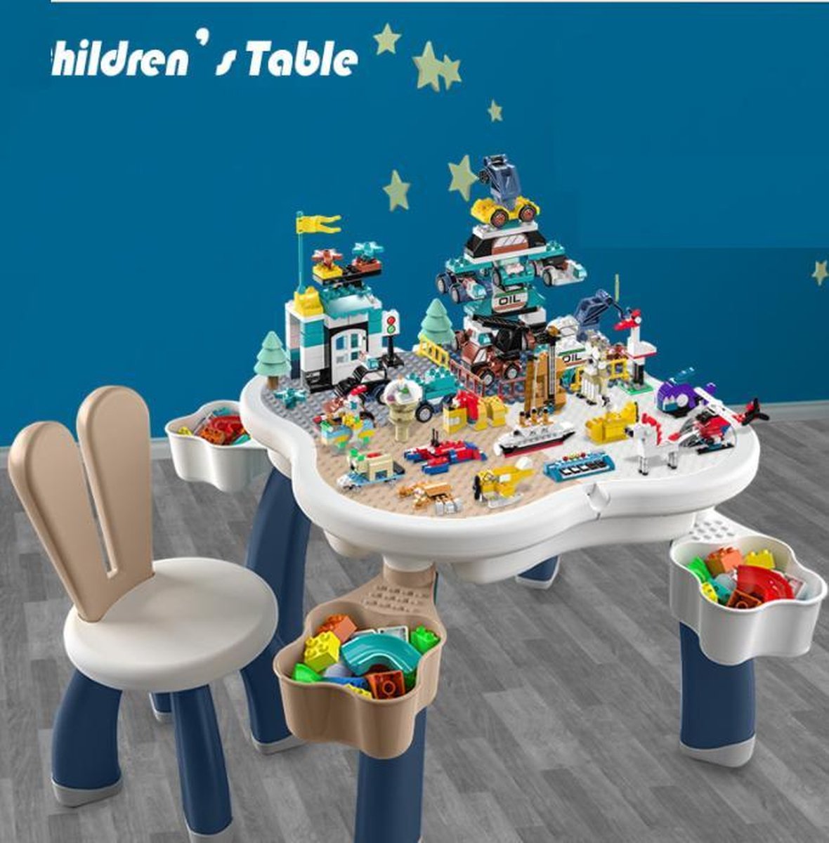 Schattige extra grote bouwtafelset voor Kleine & Grote Lego bouwstenen - Stevige & Stabiele + 1 Bunny stoel + 4 Opbergdozen - Speeltafel Kinderen