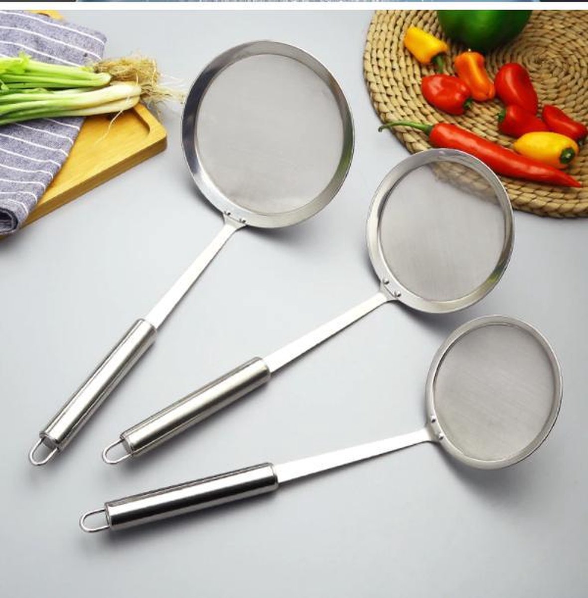 BOTC - 3 stuks RVS Superfijn gaas zeefen - Lange handvat - Groente Residu Olie Mesh Vergiet Zeef  - Vergiet Zeef - Voedsel Filter - Keuken Zeef -  Bakken Koken Tools -  Keuken Accessoires - Zliever