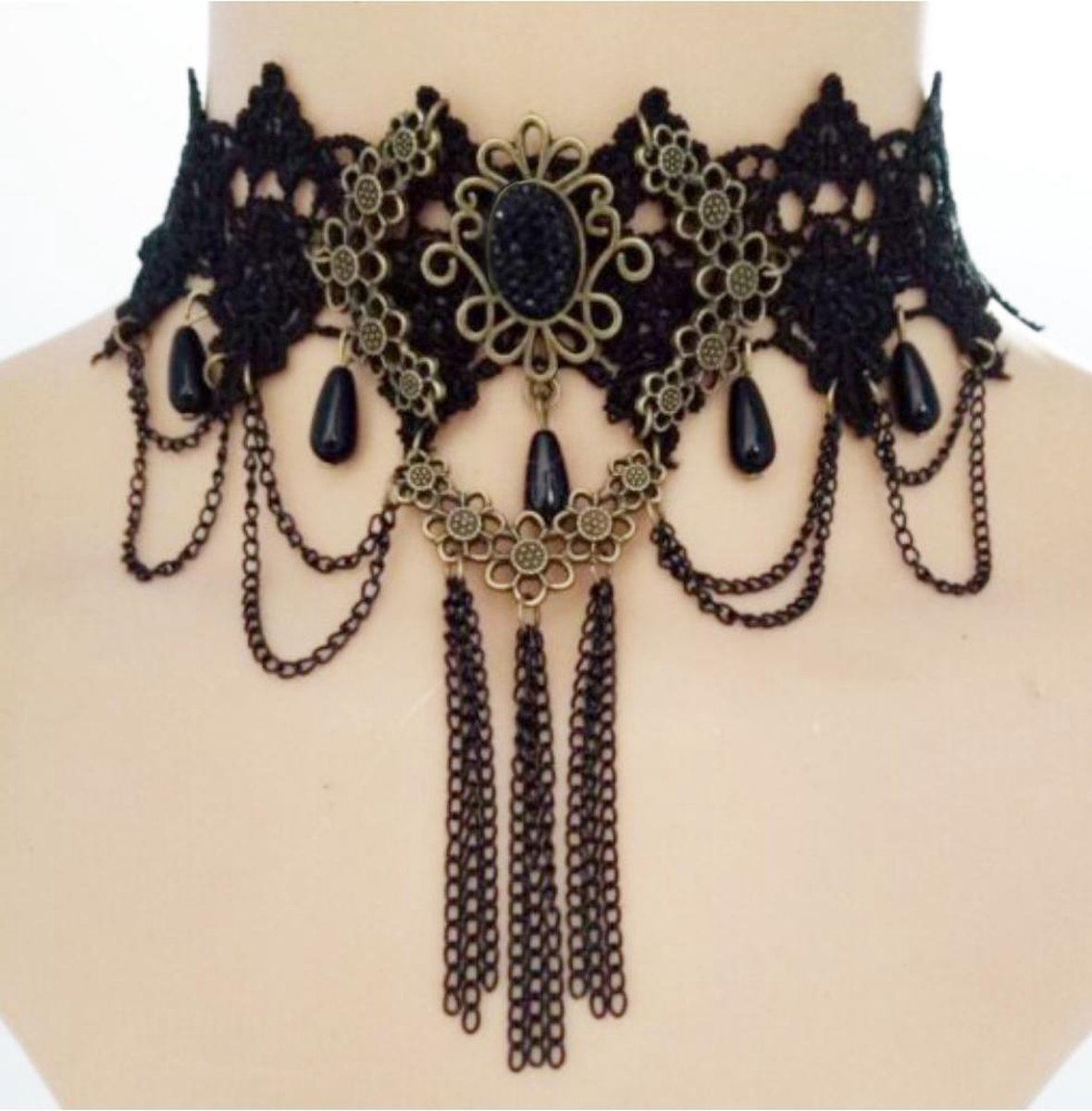 Choker zwart kant met kraaltjes en kettinkjes - collar ketting victoriaans sexy zwarte 3