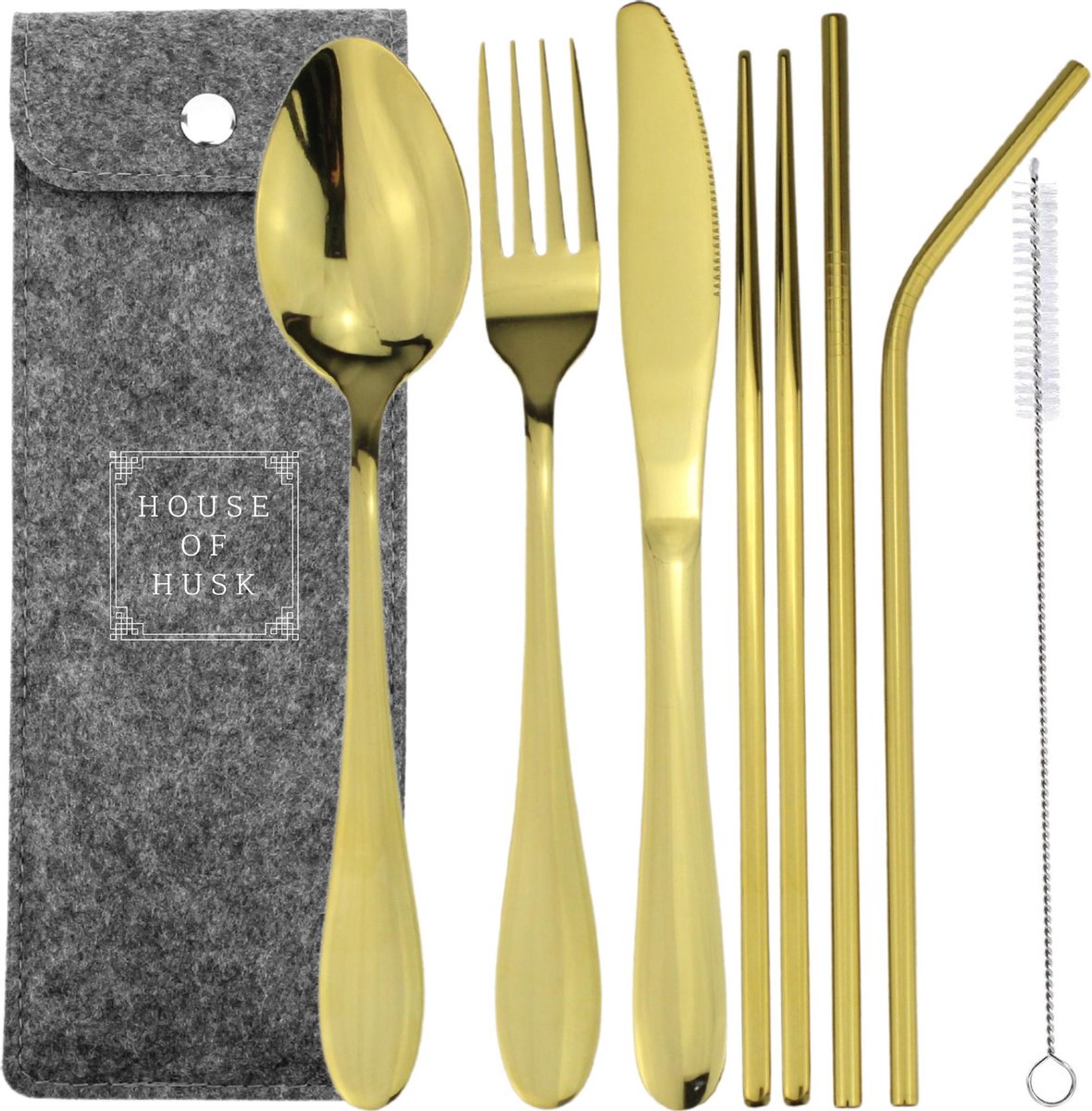 House of Husk™ - Goud Reisbestek - RVS - Reis Bestekset - Koreaanse Eetstokjes - Chopsticks - Herbruikbare Rietjes met borstel - Eenpersoons - 7 Delig - Vaatwasserbestendig - Sushi Chopsticks - Noodles