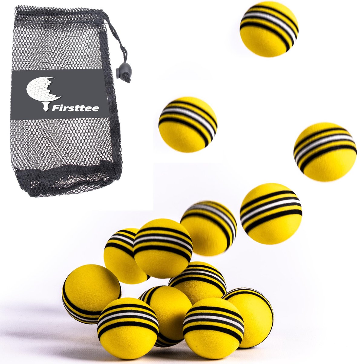 Firsttee - 12 stuks training softballen - GRATIS Ballennet - Golfballen - Ballen - Golfbal - Golf accessoires - Cadeau - Golftrainingsmateriaal - Sport - Training - Golfset - Swing - Trolley - Trainingsmaterialen - Oefenen - Geschikt voor mat & net