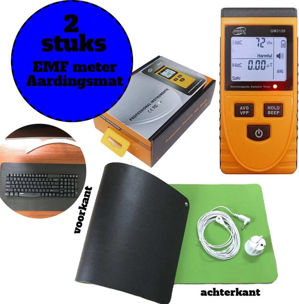 Elektromagnetische Straling Detector + Aardingsmat 25x60cm - Draagbare EMF Meter - Earthing - Aardingsmeter