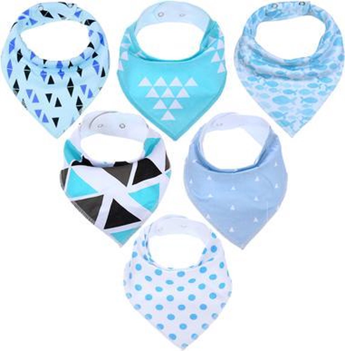 JillyBee - Slab - Slabbetje - Slabber - Bandana - 6pack - Driehoek - Driehoeken -Driehoekjes - Vis - Vissen - Visjes - Stippen - Stipjes - Blauw - Wit
