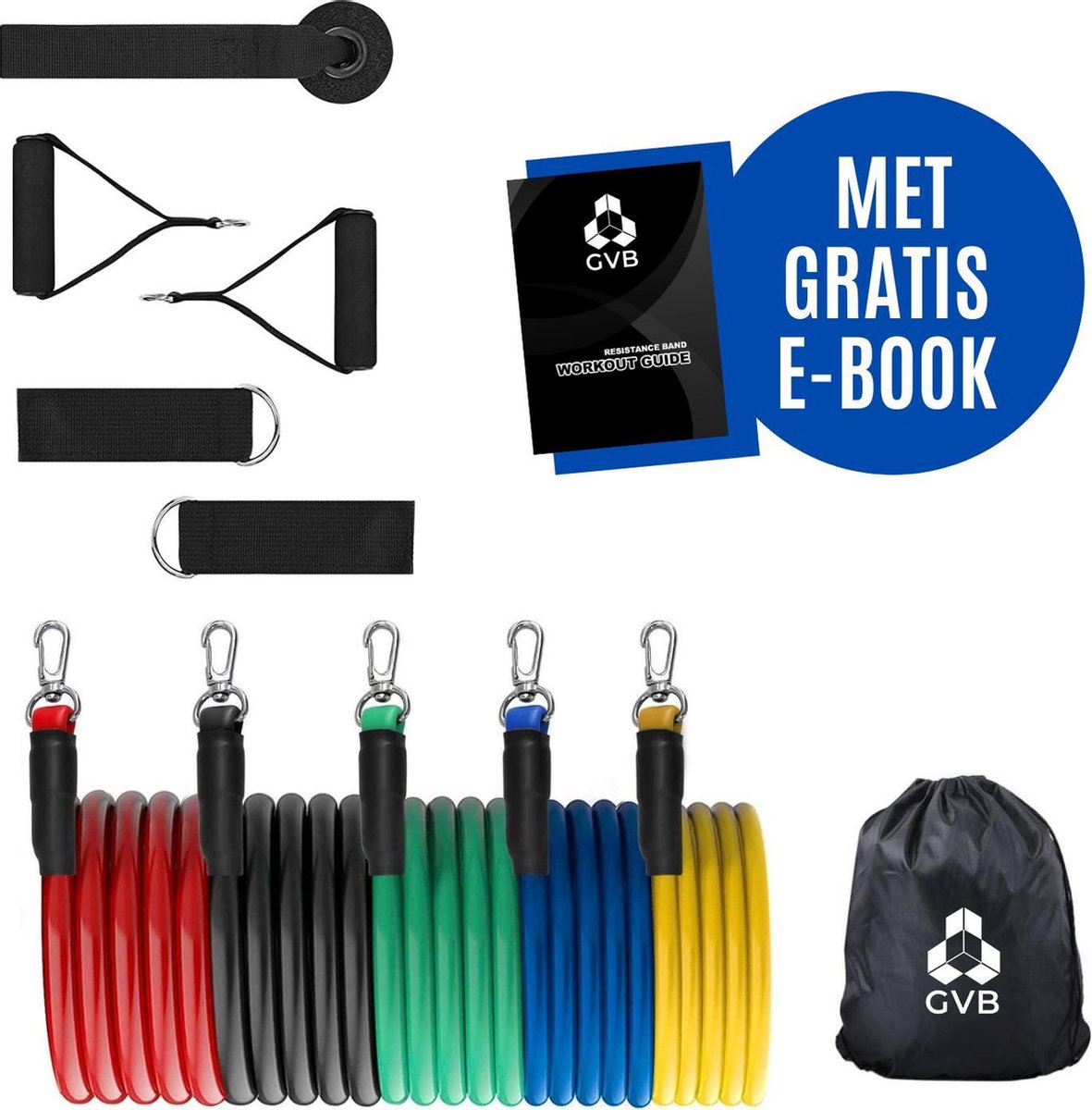 GVB Products Sport Elastiek Banden - Fitness Elastiek Set - Weerstandsbanden Fitness - Weerstandbanden - Inclusief Draagtas & E Book