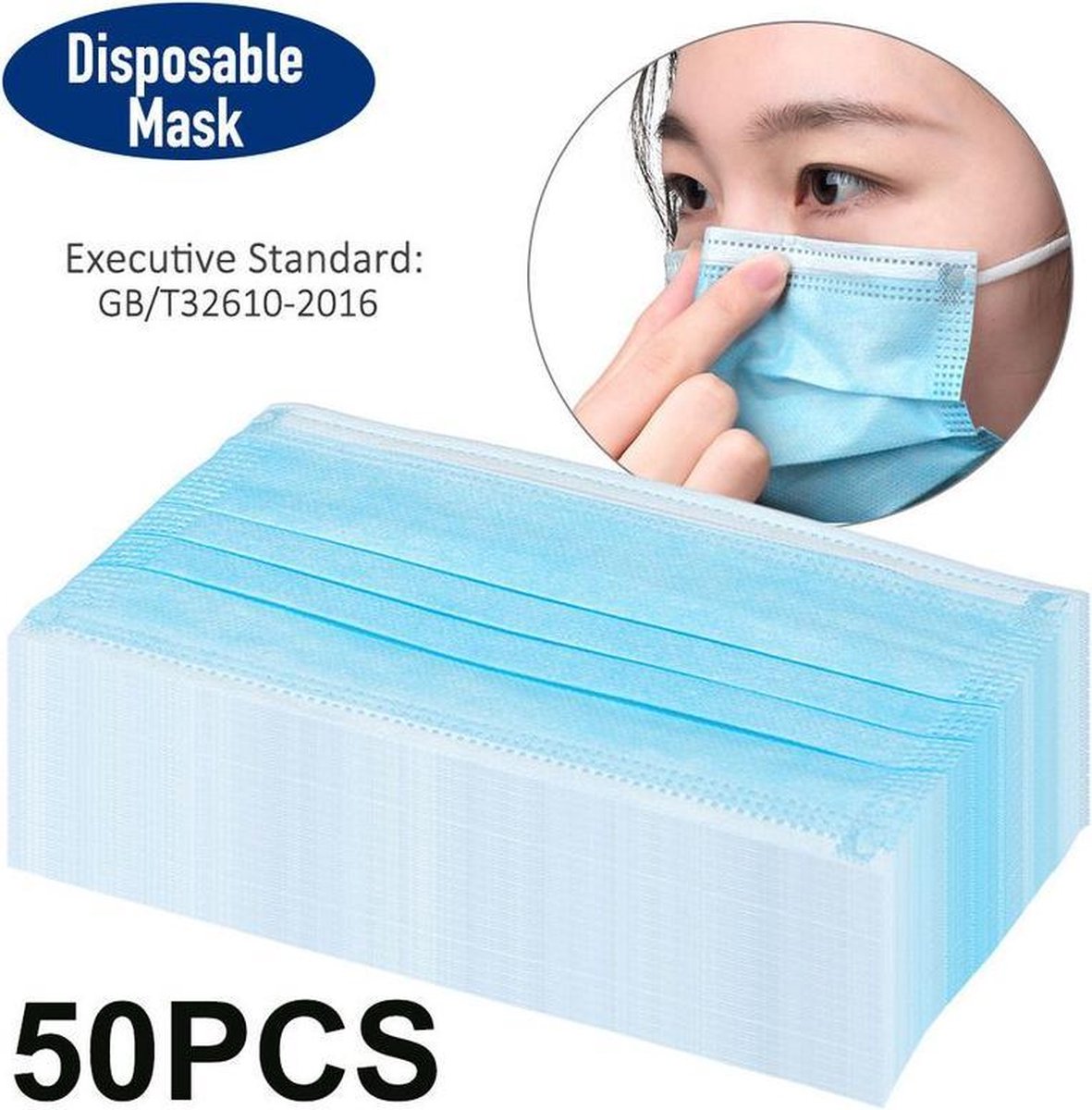 50x Type 1 EN14683:2019 Mondkapjes 3-Laags met Elastische Tie-On Oorbandjes - Wegwerp Mondmaskers Blauw GB/T32610-2016