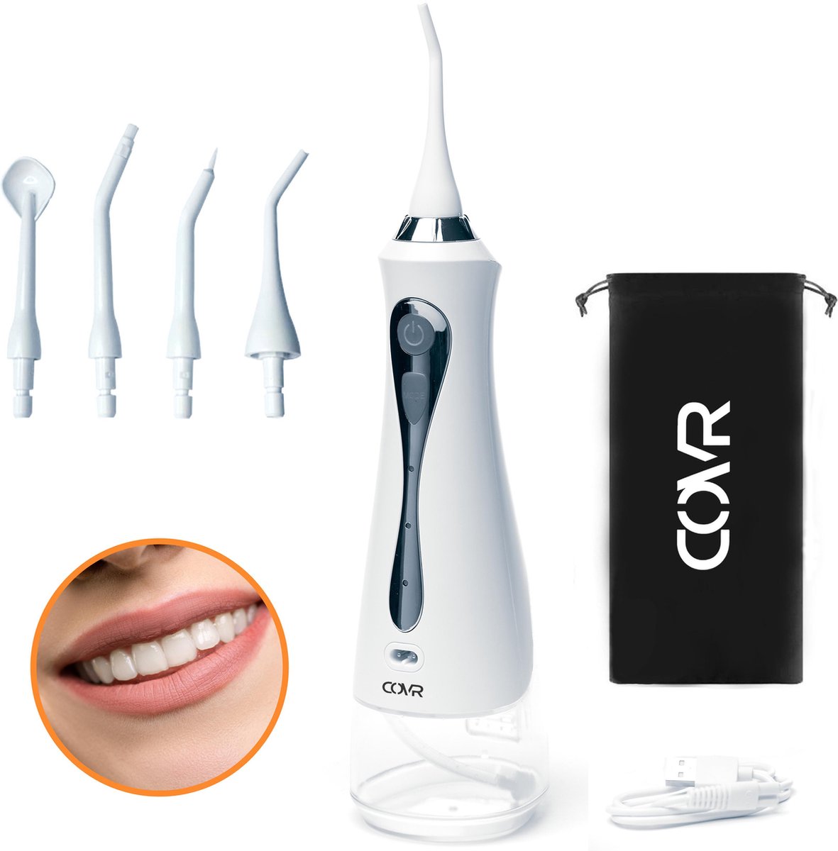 Covr Elektrische Waterflosser met 4 Opzetstukken – Waterpik - Monddouche –  3 verschillende standen – USB-oplaadbaar & Draadloos - 230ml