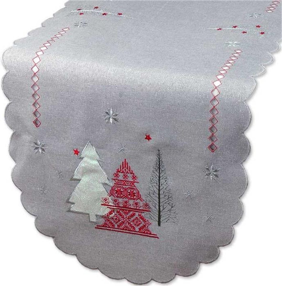 Kerst - Tafelloper -  licht grijs met Kerstbomen in rood