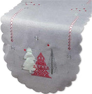 Kerst - Tafelloper -  licht grijs met Kerstbomen in rood
