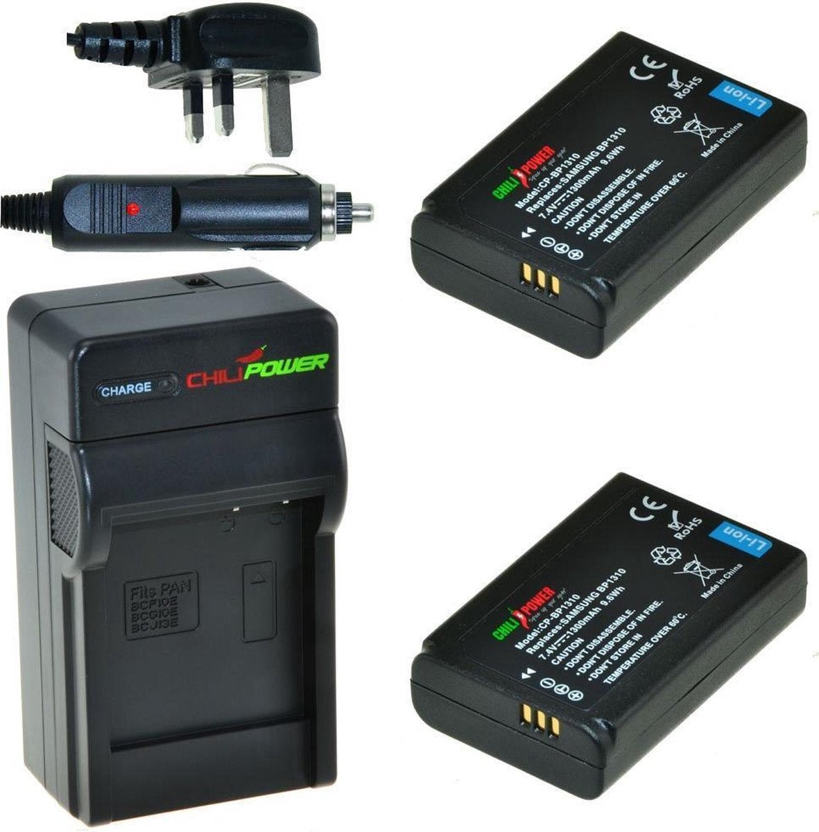 ChiliPower 2 x BP1310 accu's voor Samsung - Charger Kit + car-charger - UK versie