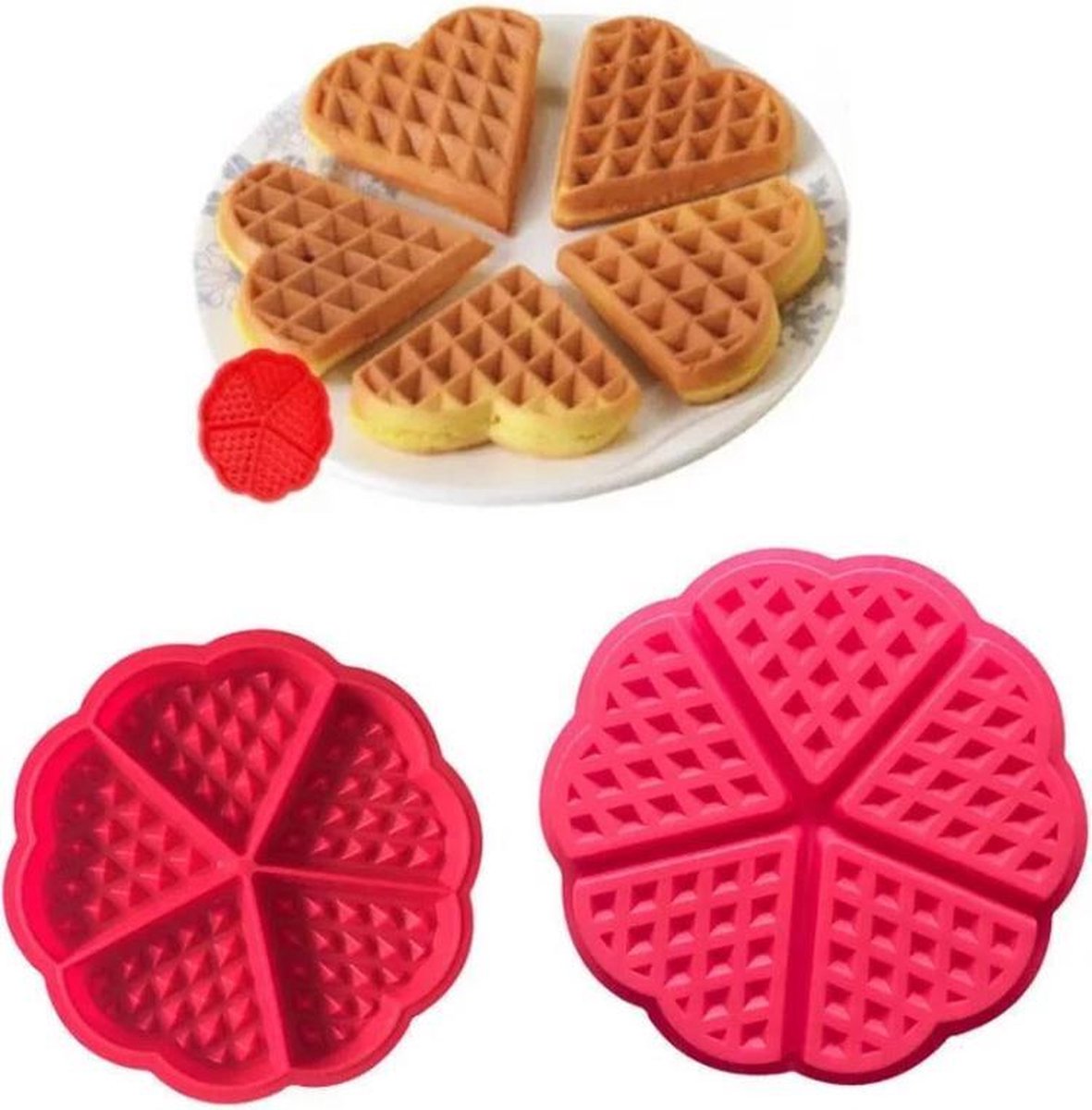 ProductGoods - Siliconen Wafelvorm / Wafelijzer – Hartvorm - 5 Wafels - Rood - Wafelmaker - Valentijn