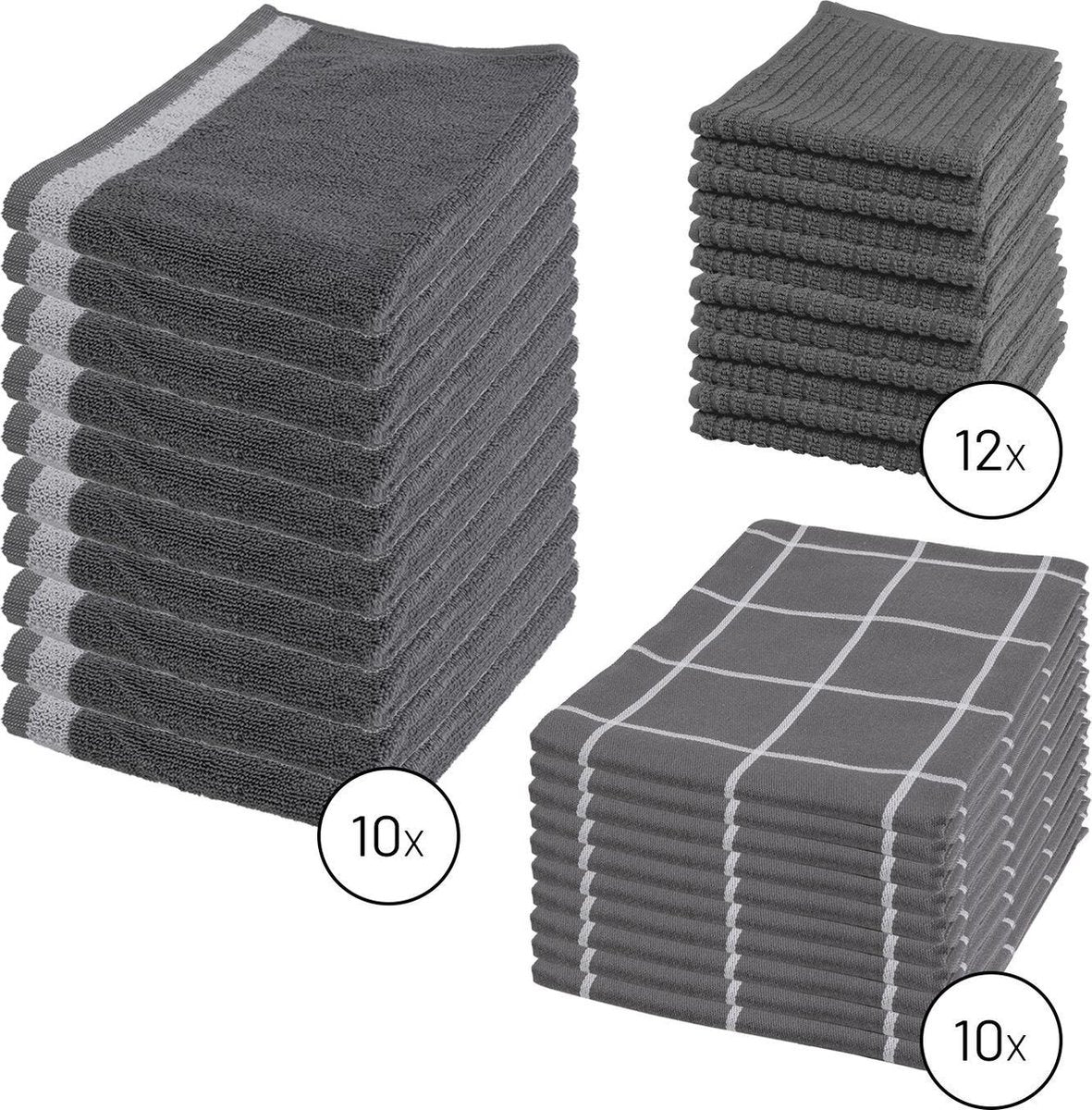 Byrklund Set Donker Grijs - 10x Theedoek 50x70cm + 10x Keukendoek 50x50cm + 12x Vaatdoek 30x30cm