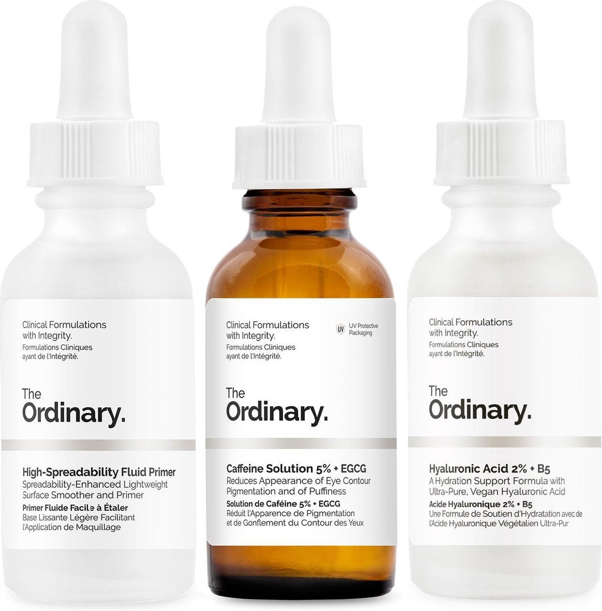 The Ordinary | Tripple set | basis voor make-up en langhoudende make-up | voor een stralende huid| Egale huid | Caffeine Solution 5% + EGCG 30ml | High-Spreadability Fluid Primer 30ml | Hyaluronic Acid 2% + B5 30ml | Tegen wallen en onzuiverheden