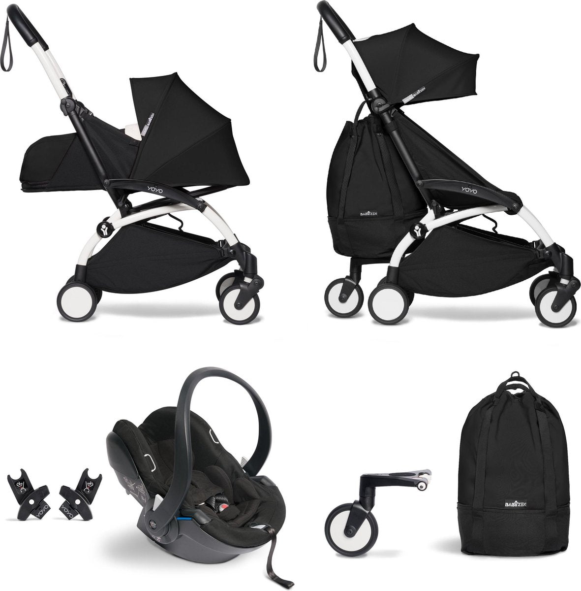 Babyzen YOYO² buggy COMPLEET vanaf de geboorte inclusief YOYO² BeSafe autostoel zwart  en YOYO Bag -  zwart met frame wit