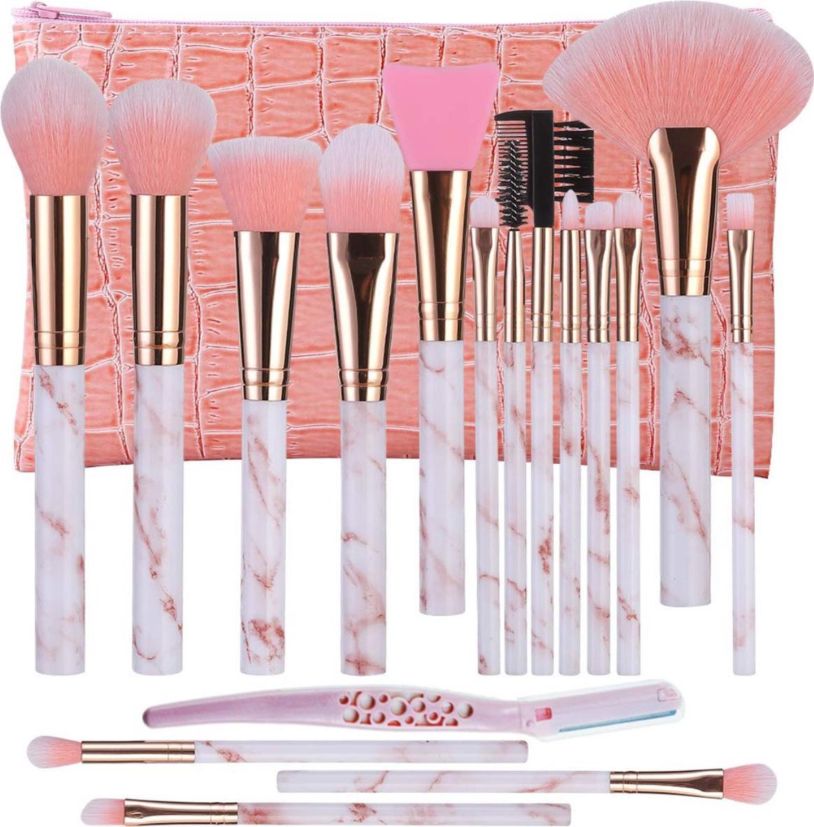 Make-up kwasten | Make-up set | Make-up geschenksets | Oogschaduw borstel | Wenkbrauw borstel | Wimperkam | 16-delig | Met tas | Roze | Able & Borret