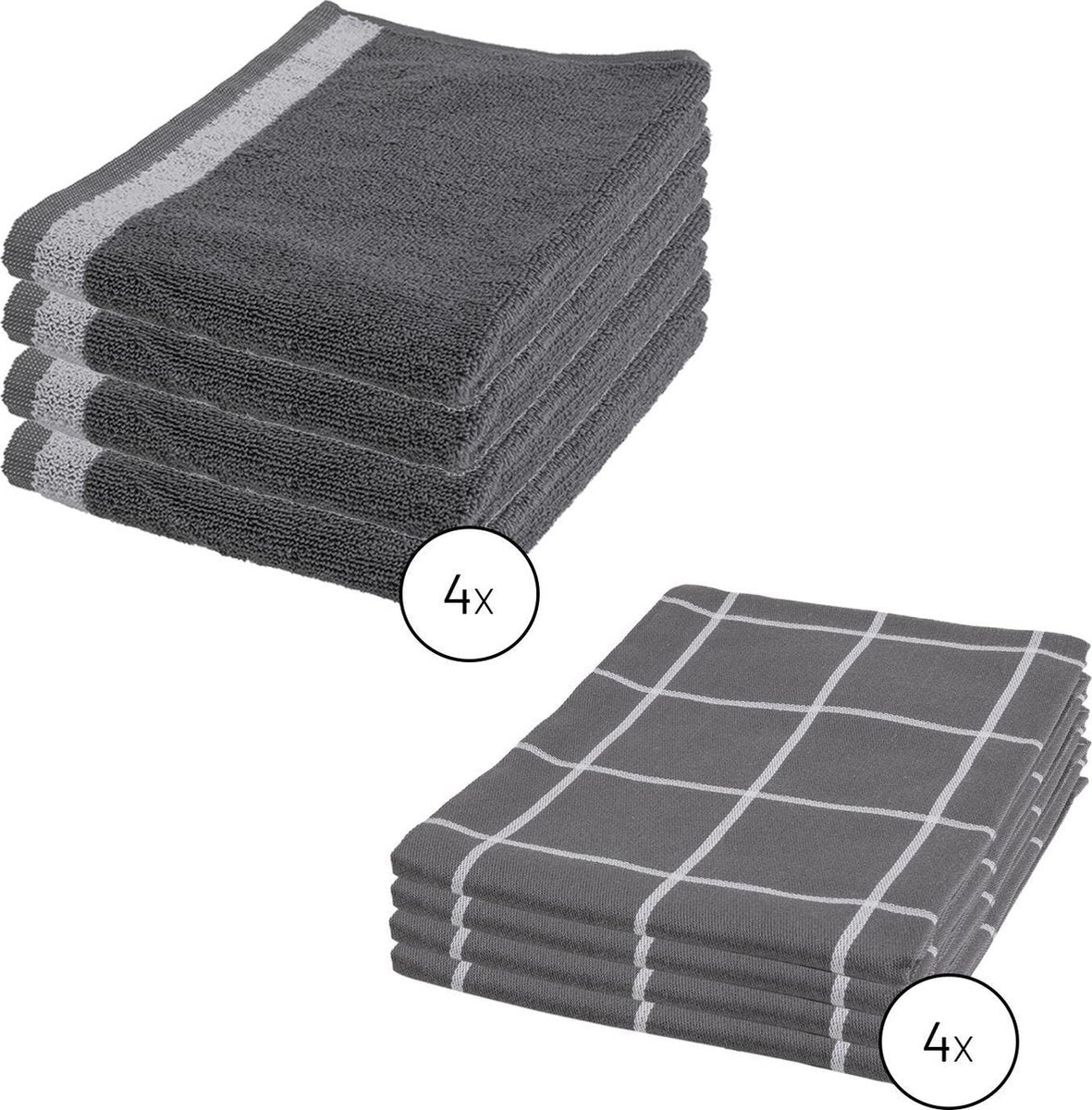 Byrklund Set Donker Grijs - 4 Theedoeken 50x70cm + 4 Keukendoeken 50x50cm