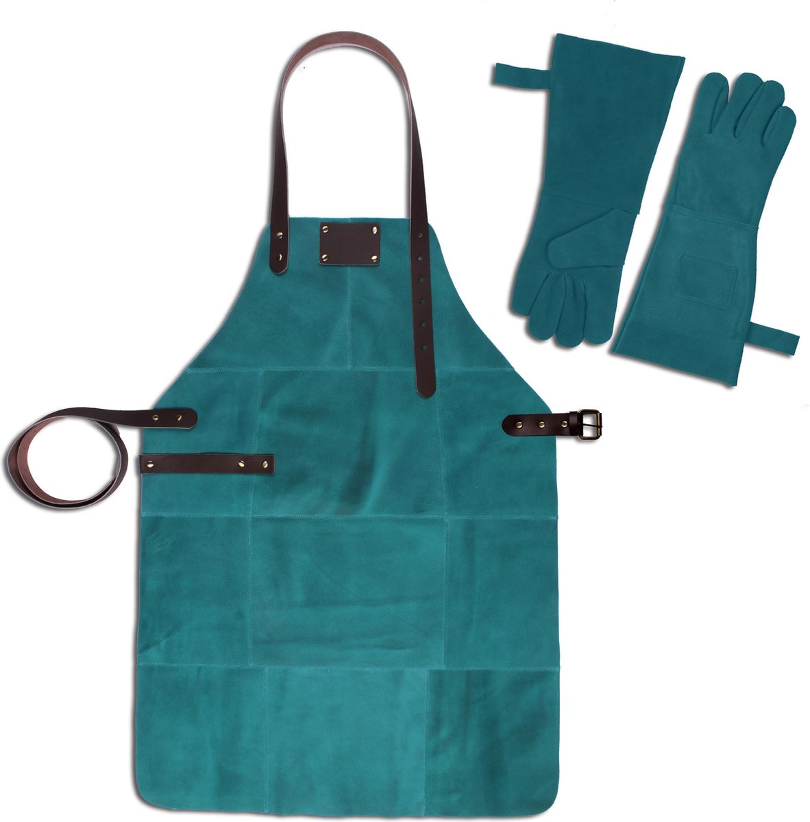 Leren Schort + Leren Handschoenen - Lederen Schort – AQUA / LICHT BLAUW - Kokschort - BBQ Schort - Kookschort - Vaderdag - 81 cm x 56 cm Inclusief Handschoenen voor de Barbecue