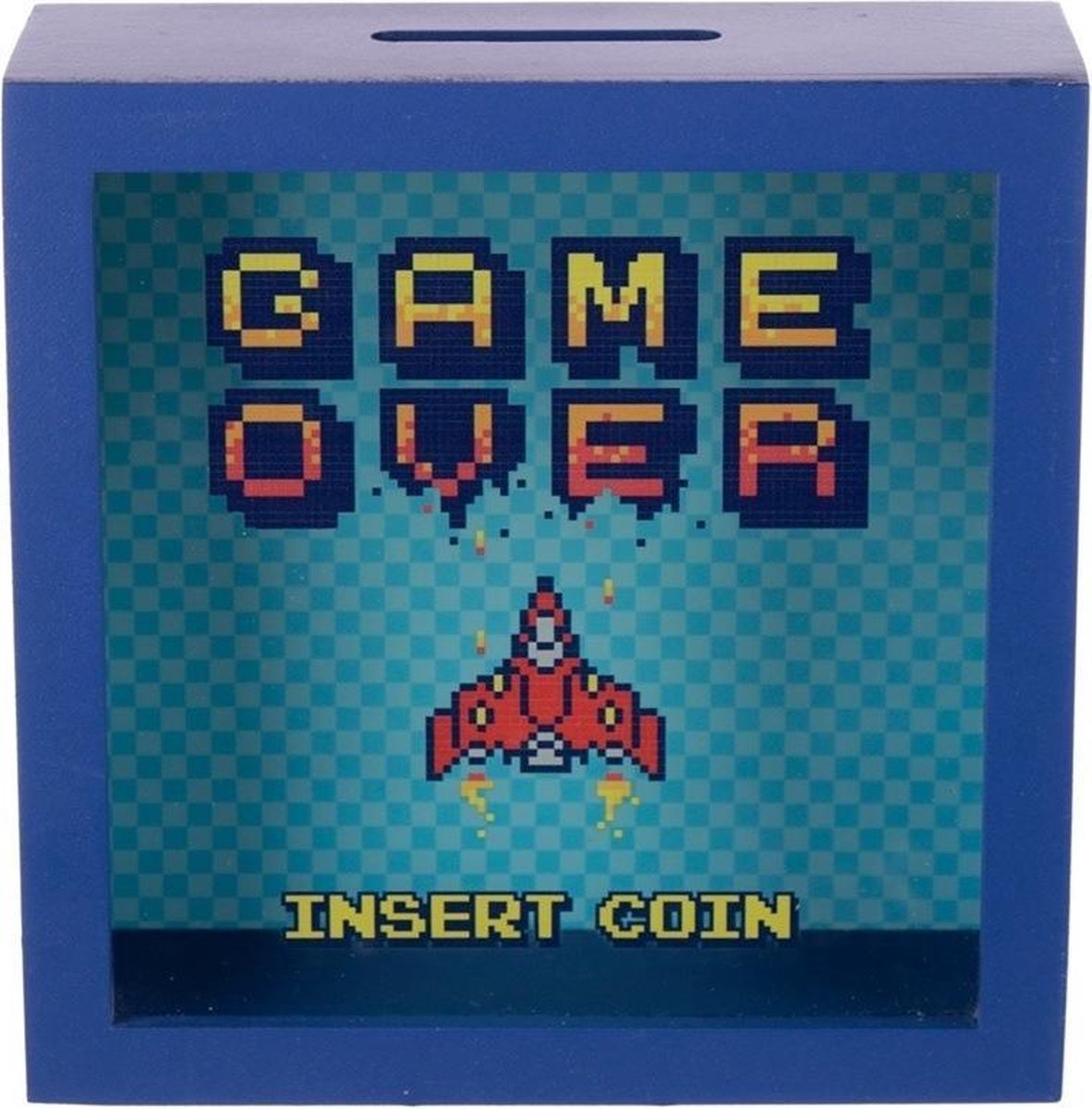 Blauwe raam spaarpot Game Over Insert Coin 18x18 cm - Spaarpotten games arcade voor kinderen/jongens