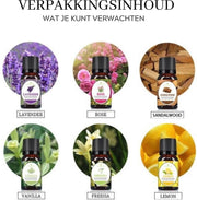 DecoRD Aroma Olie Set 6 stuks - Geurolie voor Diffuser/luchtbevochtiger/Verdamper/Brander/Aromatherapie - 6 Geuren Flesjes Essentiele olie - Rose/GreenTea/Vanilla/Sandalwood/Lemon/Lavender