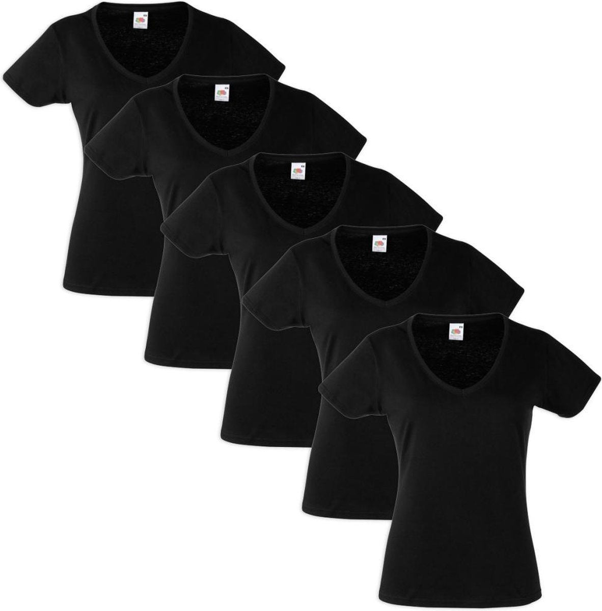 Fruit of the Loom 5x Value Weight Dames V-hals T-shirt Zwart XXL