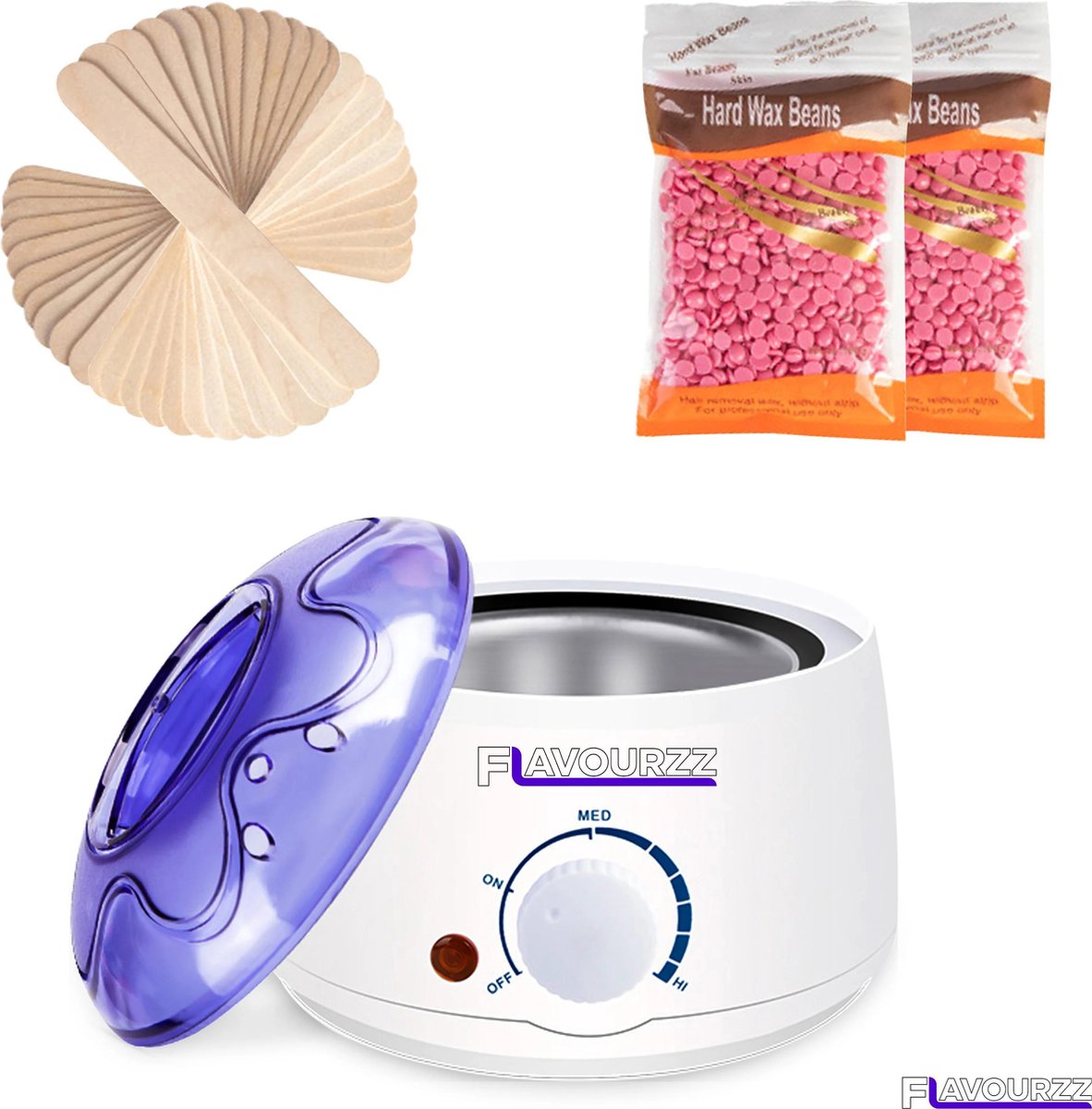 Flavourzz Professioneel Wax Ontharingsapparaat - Ontharingswax – Onthaar Apparaat - Ontharing Set - Inclusief 200gram Waxbonen en 20x Houten Spatels – 100W - 18x18x15 - Wit - Wax Verwamer Wit