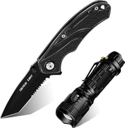 Sefaras 2-in-1 Survival Zakmes inclusief zaklamp - Inklapbaar - Broekclip - Voor kamperen - RVS - Zwart