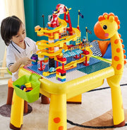 Giraffe 6-in-1 Kinderen tafel met LED-lamp + 2 stoelen + 2 opbergdozen + Bouwblokken (Dieren Knikkerbaan 110 dlg.) - Studeertafel