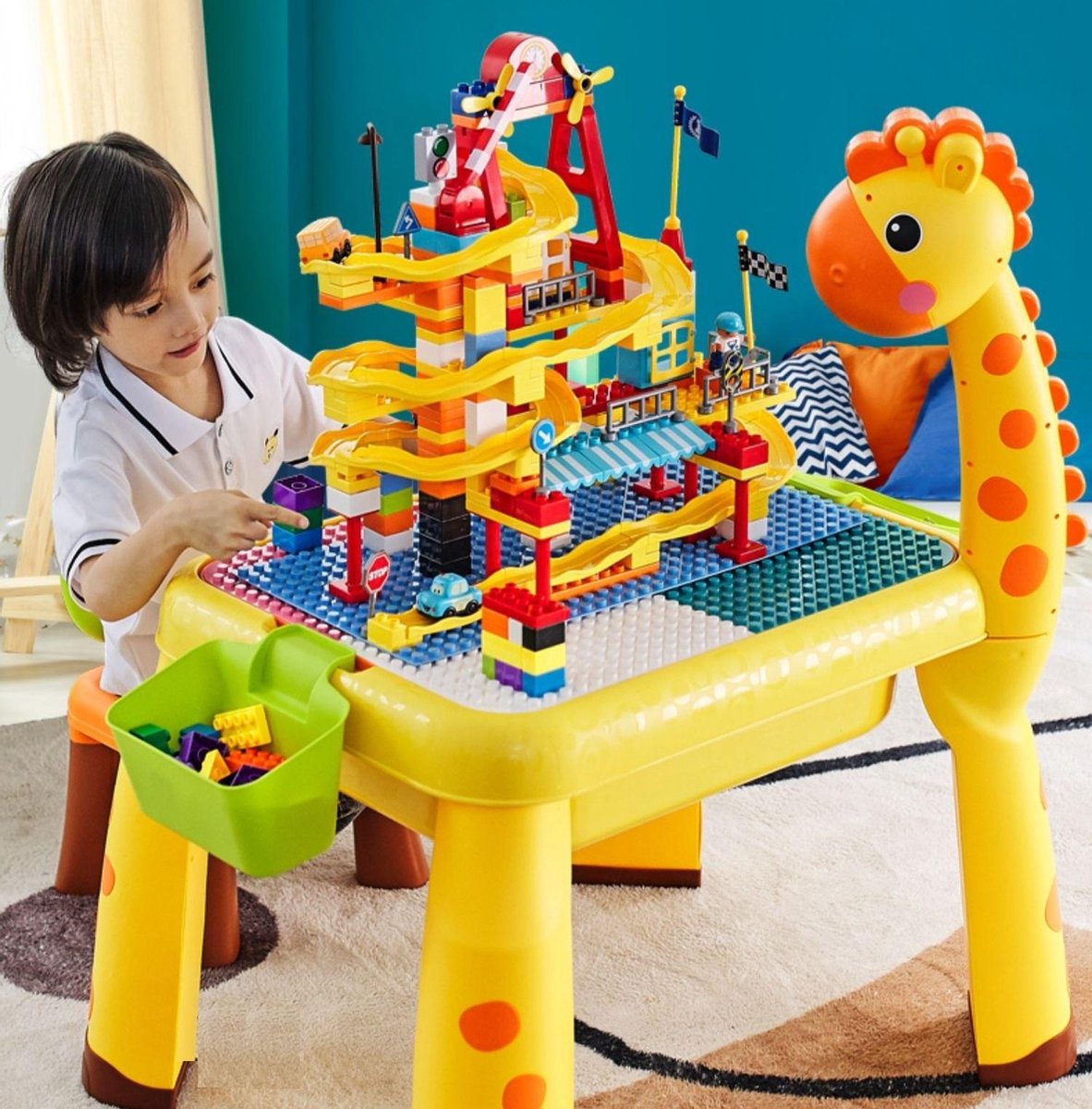 Giraffe 6-in-1 Kinderen tafel met LED-lamp + 2 stoelen + 2 opbergdozen + Bouwblokken (Dieren Knikkerbaan 110 dlg.) - Studeertafel