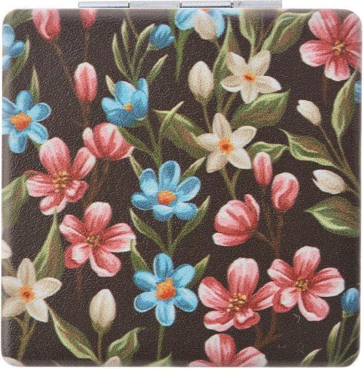 Een onmisbaar handig zakspiegeltje. Aan de binnenkant bevinden zich twee spiegels waarvan één vergrootspiegel. De spiegelglazen geven een mooi en helder beeld en ze vervormen niet. Met een mooie afbeelding van bloemen. Voor uzelf of Bestel Een Kado