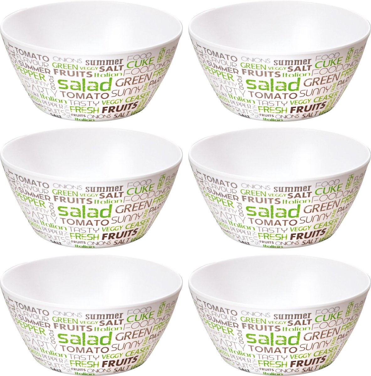 6x Melamine serveerschaaltjes gekleurde tekst print/wit 15 cm - Kommetjes/schaaltjes - Yoghurtbakjes - Pap schaaltje