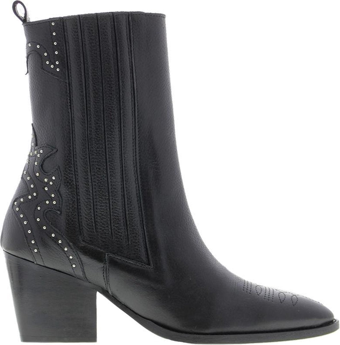 Tango | Ella square 9-a black leather/silver studs western ankleboot - black heel/sole | Maat: 36