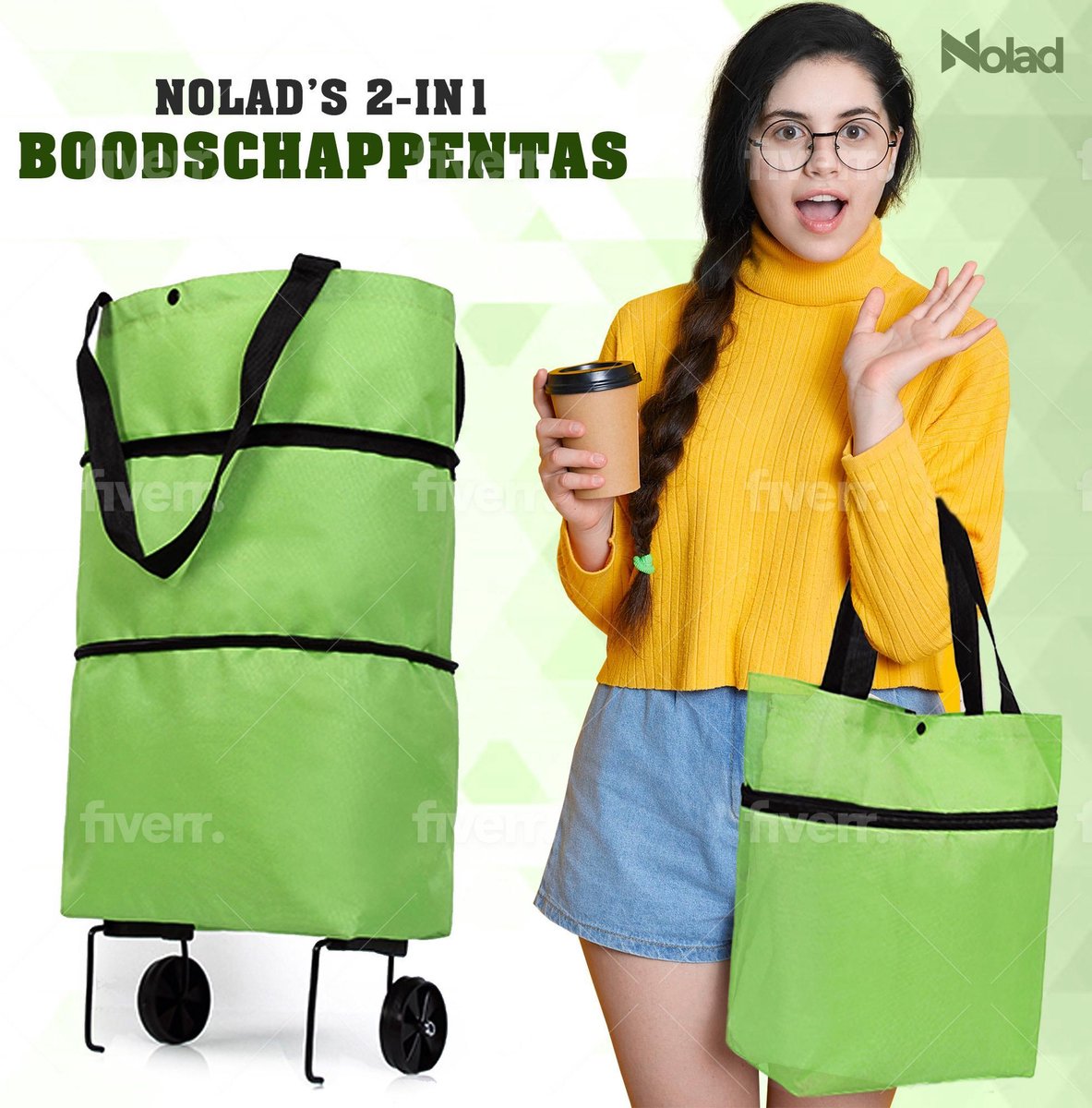 Nolad® Boodschappentas - 2-in-1 opvouwbare boodschappentas - big shopper - boodschappentas met wielen/rits - boodschappentas opvouwbaar - groen