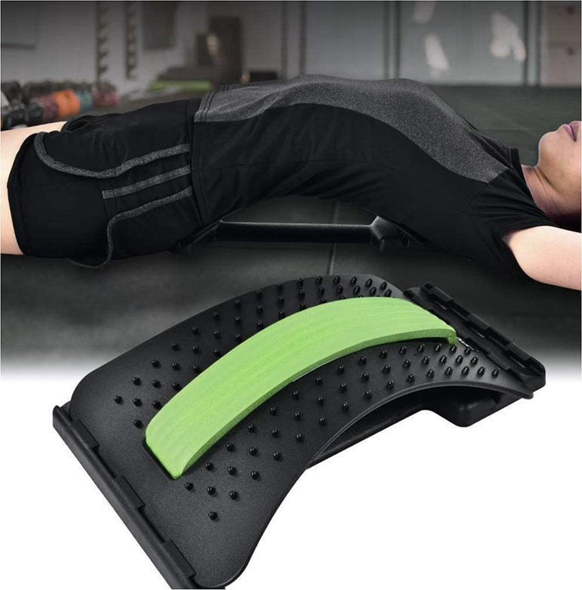 Backstretcher voor rugklachten – Rugstretcher – Zwart met groen - Comfortabele back stretcher met Zachte Massage Pads – Rugstrekker – Verstelbare backstretcher – Back straightener – Rug corrector – Rugmassage
