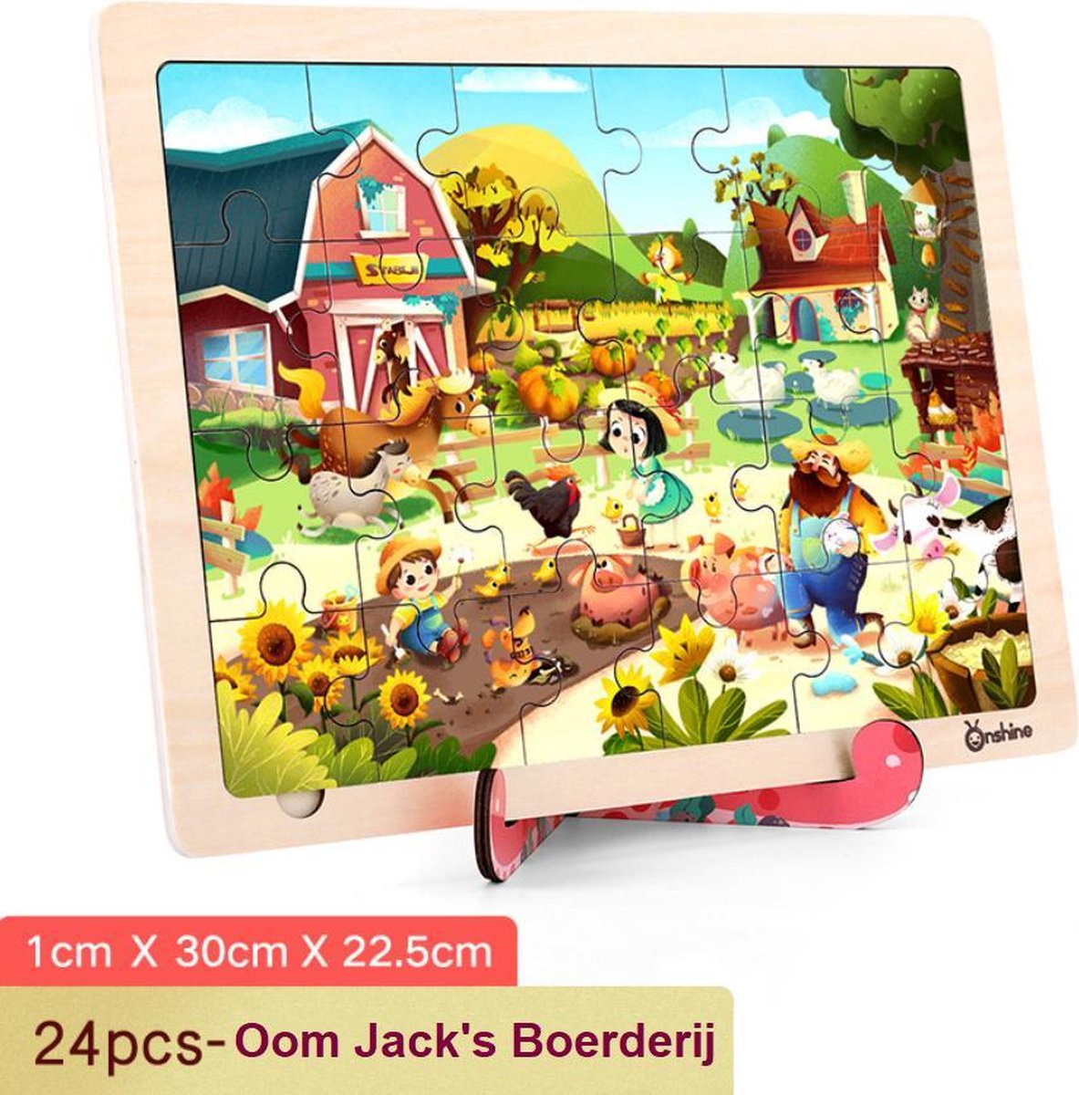 Onshine - 4 verschillende sets 24 stukjes hoge kwaliteit lasergesneden houten puzzel met 4 leuke standaards - Luchthaven & Brandweerwagen & Bosbouwplaats & Boerderij - kinderpuzzel auto
