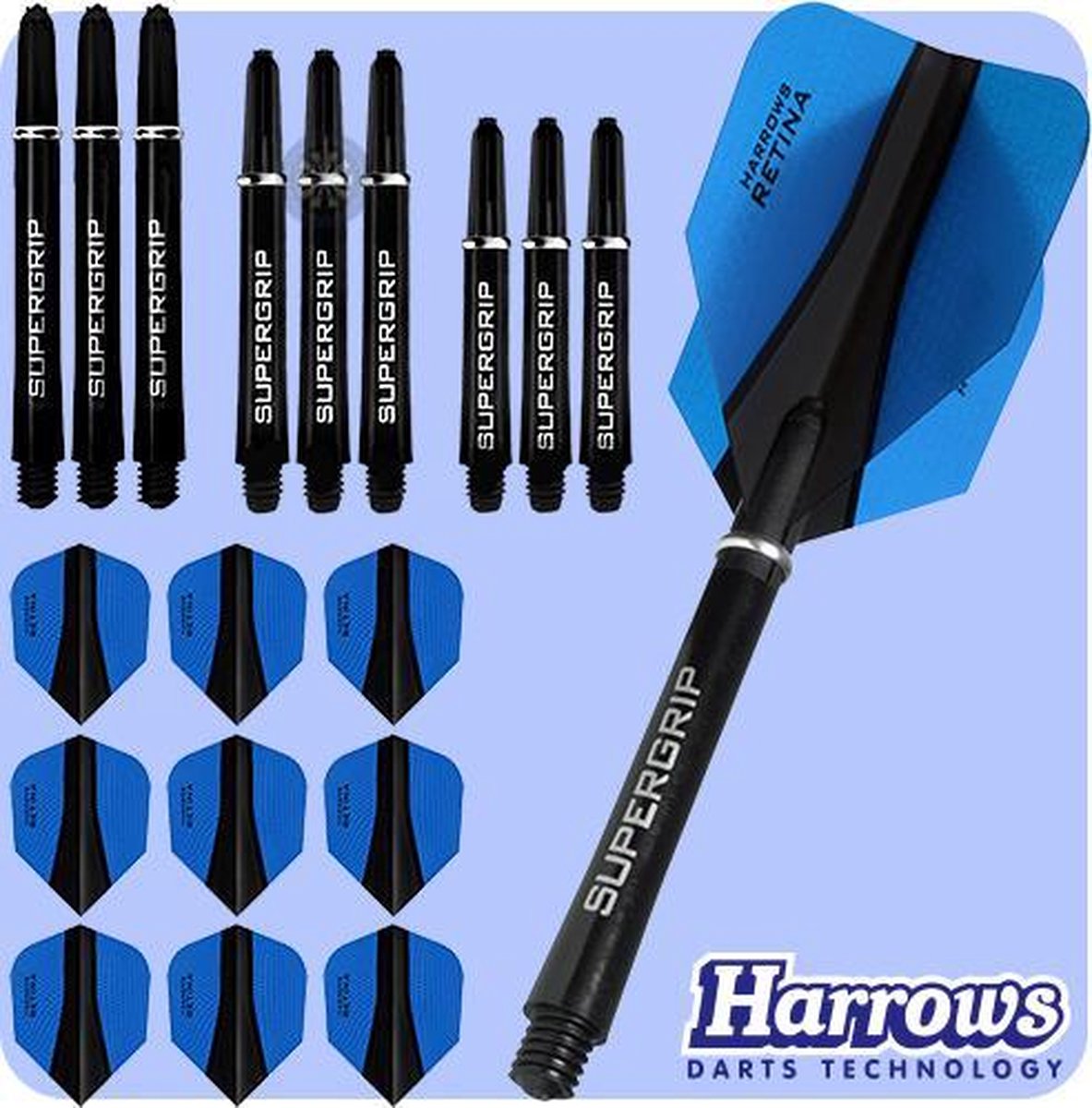 Harrows Retina-X Dart Flights and Shafts Combo Kit - 3 Sets Shafts - 3 Sets Flights - Light Blue