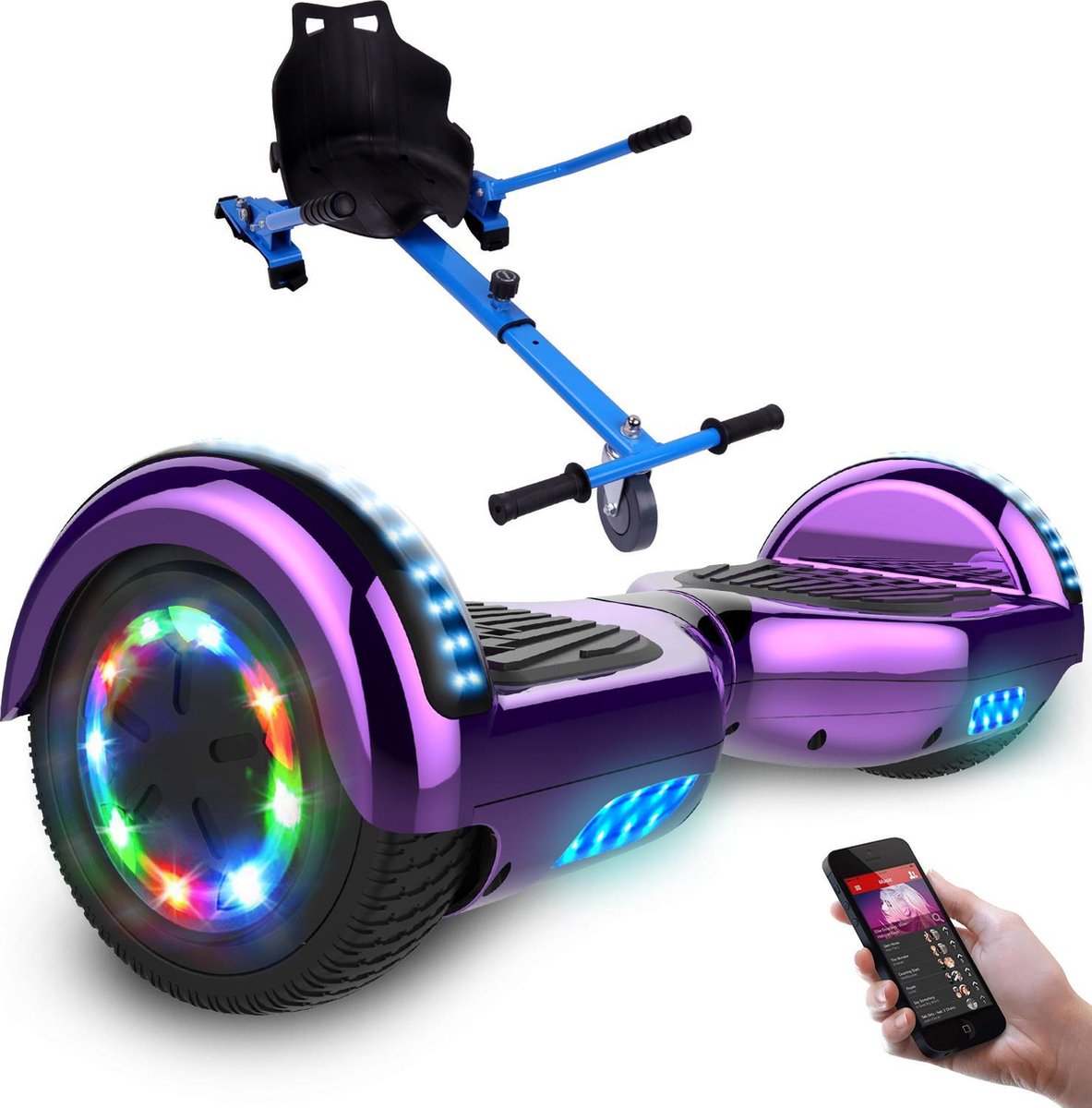 Evercross Hoverboard 6.5 Inch | Flits Wielen | Bluetooth Speaker | LED verlichting | Paars Chroom + Hoverkart Blauw