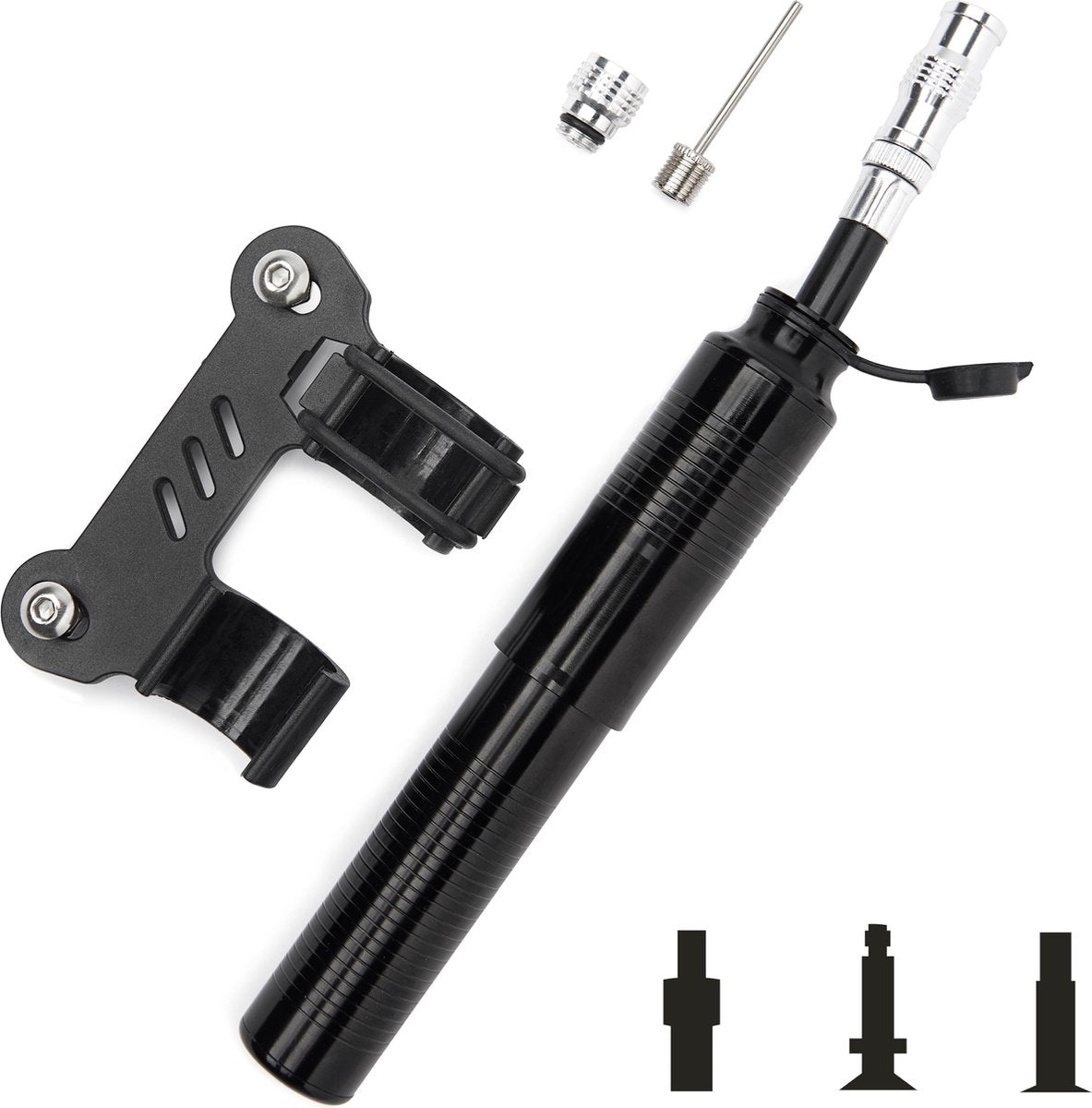 Fietspomp Mini - Met Houder - Voor alle Ventielen - Inclusief Naaldventiel - 7