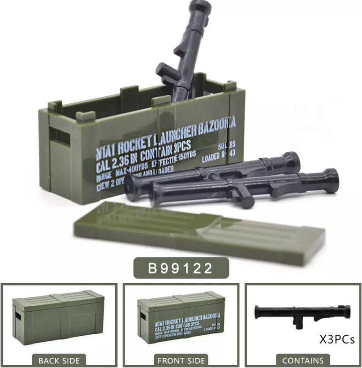 G25 - Amerikaanse wapenkist met 3x een bazooka - Custom printed - WW2 Bouwstenen - Lego fit - WW2 - Soldaten - Militair - Tank - Army - Bouwstenen - Wapens - Geweren - Brick - Tweede Wereld Oorlog - Mini-figures - Leger - Duits - Navy Seals