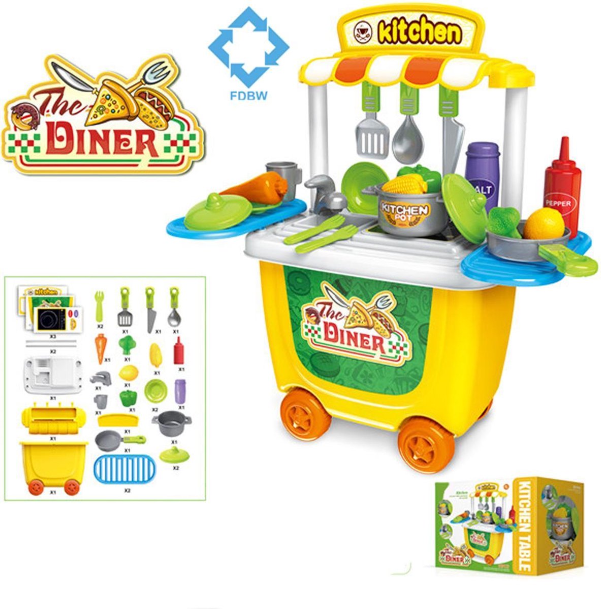 Winkeltje Spelen – Op Wielen | Speelgoed Kassa – Winkeltje Spelen | Winkeltje Speelgoed Kinderen | Speelgoed Kassa – winkeltje spelen | 81.5 cm x 38 cm x 91 cm | Gele Keuken Kar