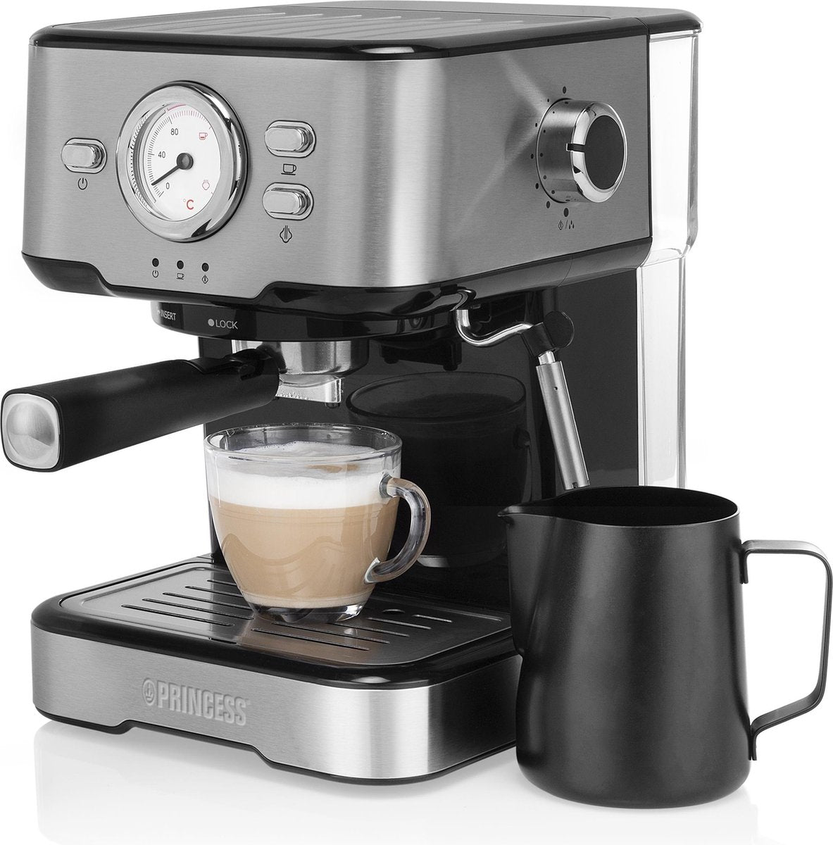 Princess 249412 Espressomachine – Met melkopschuimpijpjes voor cappucino en latte macchiato – 2 kopjes