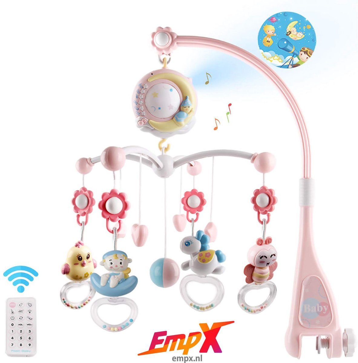Muziekmobiel met laser projectie! - Baby muziekmobiel - Inclusief speelgoed! - Met sterren projector - Bed mobiel - Roze - Muziek box - Met licht en geluid - Slaaphulp voor box en ledikant - Universeel pasbaar Baby Crib Mobile Muziekmobiel