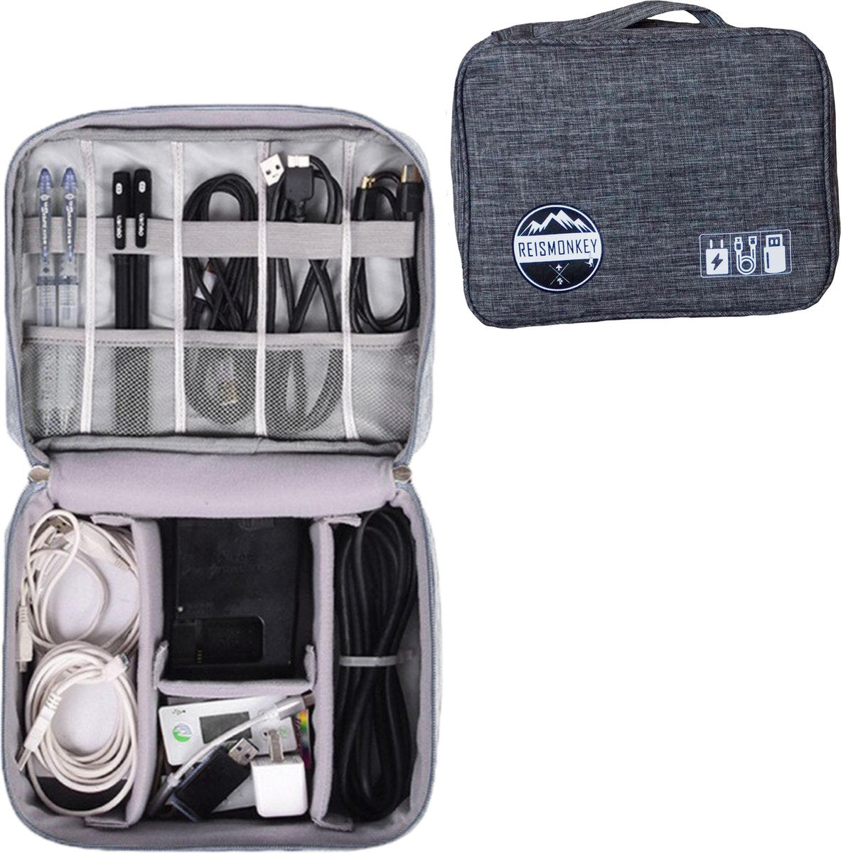 Reismonkey Kabel Organiser Tas Deluxe - Travel Bag - Kabel Tas Voor Mannen/Vrouwen - Kabel Organizer - Bagage Organizer - Grijs - Reiscadeau - Cadeau voor mannen/vrouwen