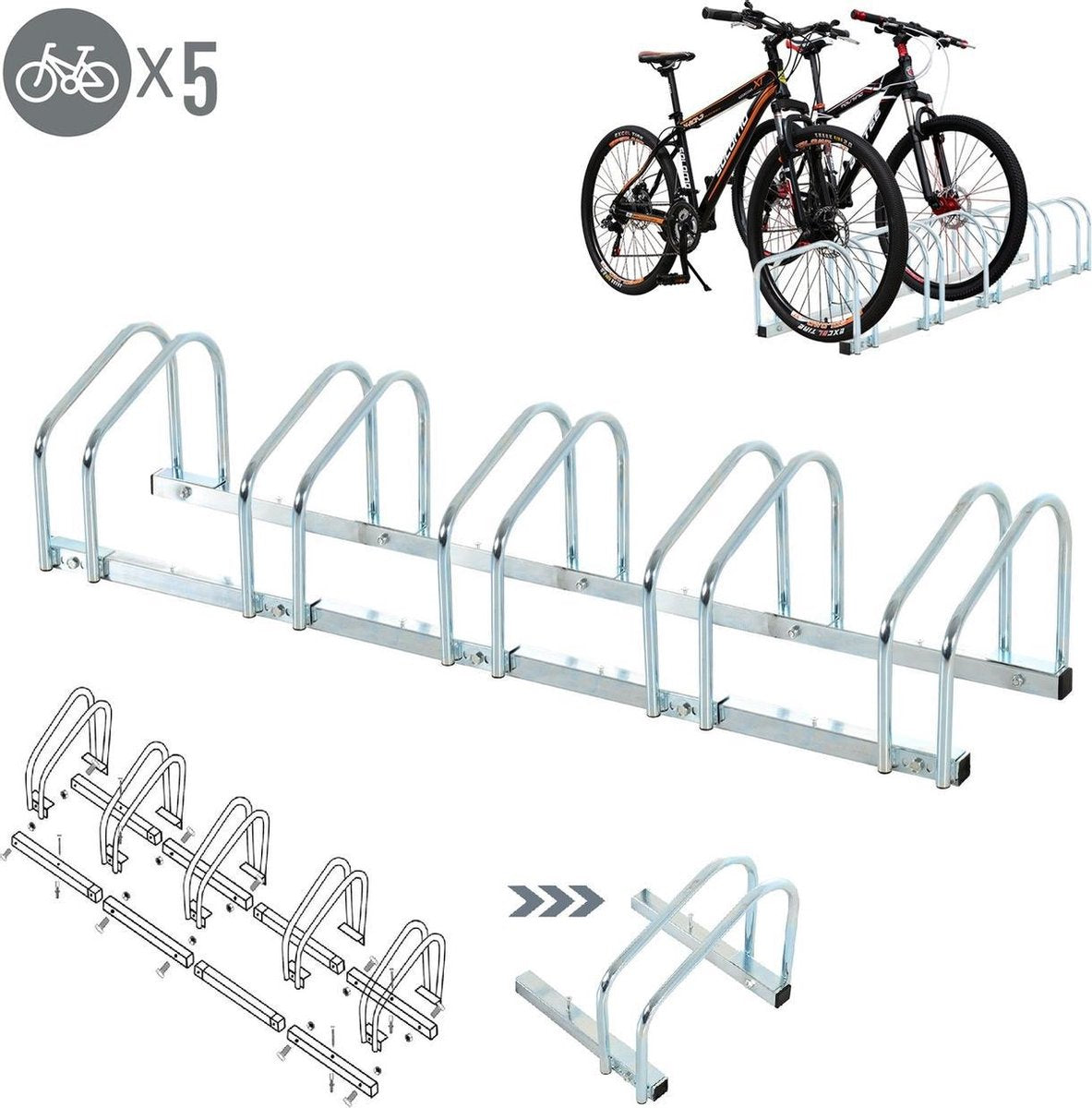 Fietsenrek - Fietsrek -Fietsstandaard - Voor 5 fietsen - Muurmontage mogelijk - 130 x 33 x 27 cm - Verzinkt staal