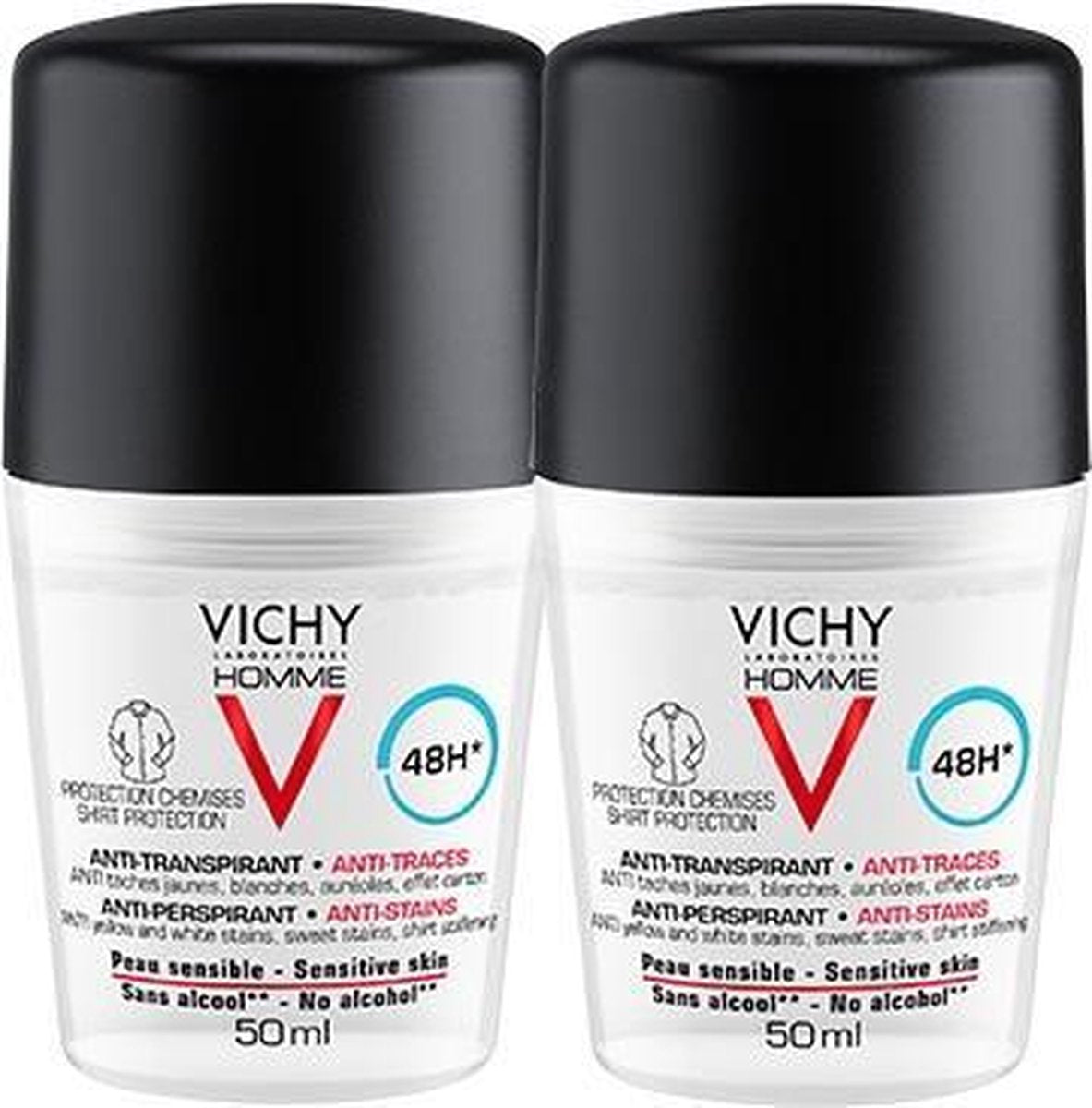 Vichy Homme Vichy Vichy Deodorantdorant roller 48 uur anti-vlekken - 2x50ml