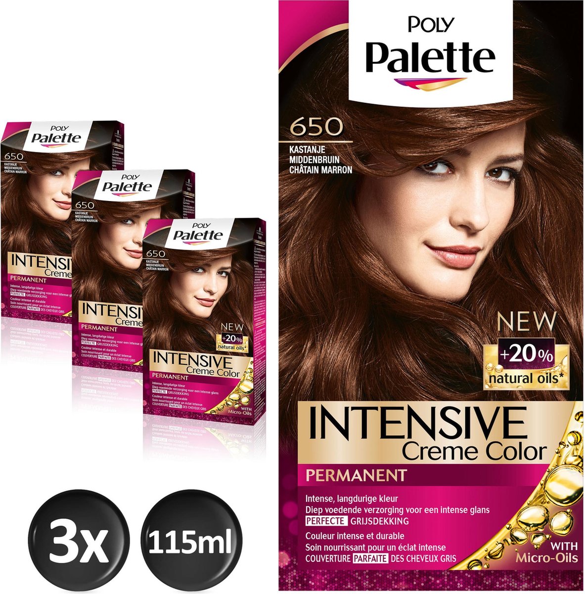 Poly Palette 650 Kastanje Middenbruin Haarverf - 3 stuks - intensieve