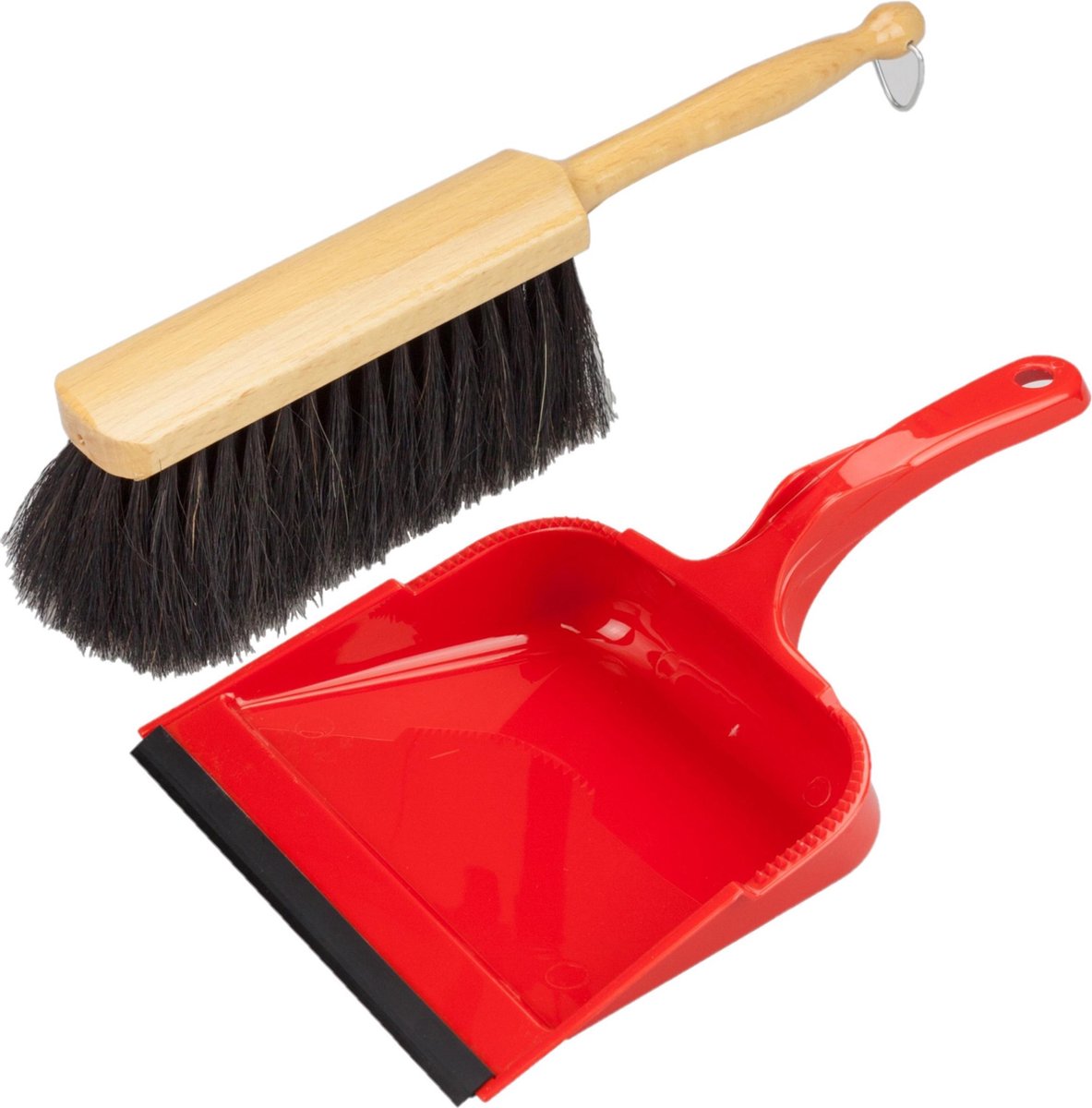 Stoffer en blik rood van kunststof/hout met lip voor binnen - Zachte borstel/handveger