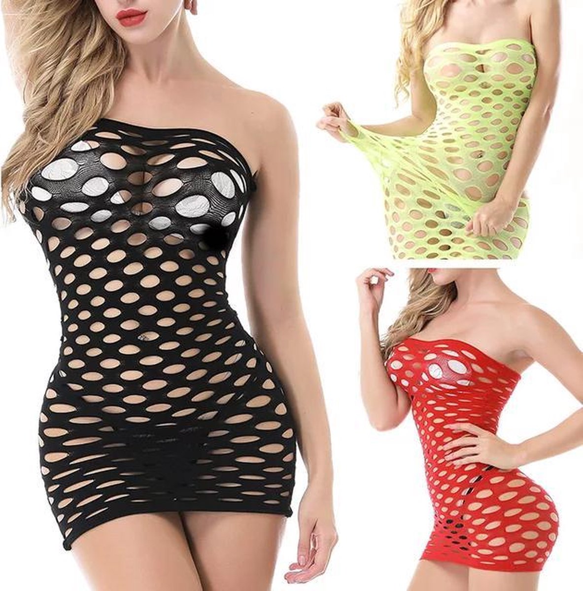 LOUZIR Sexy Gaatjes Rok | Sexy Gaatjes Jurk | Sexy Nachtjurkje Met Gaatjes | Elastisch off-shoulder jurkje met grote gaten | zwart