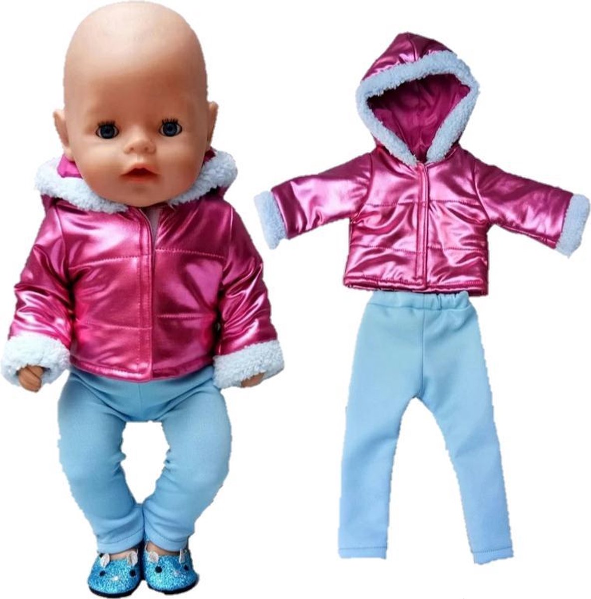 Poppenkleertjes - Geschikt voor Baby Born - Roze metallic jas en blauwe broek - Winter outfit - Winterkleding