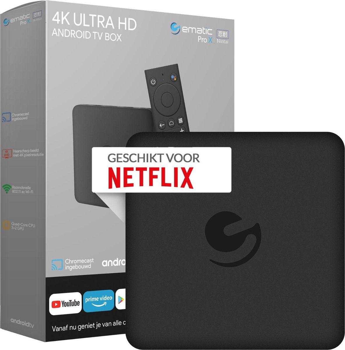 Nintai Ematic Pro X - Android TV box - Officiële AndroidTV - Netflix in 4K - Ingebouwde Chromecast - Netflix box - Set Top Box